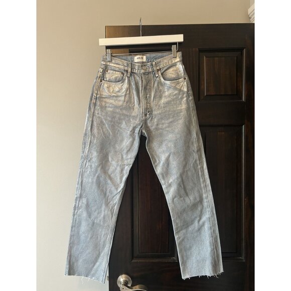 AGOLDE Waxed Metallic Coated Jeans – Raw Cut Hem Skinny Denim Night-Out Chic - Picture 2 of 11